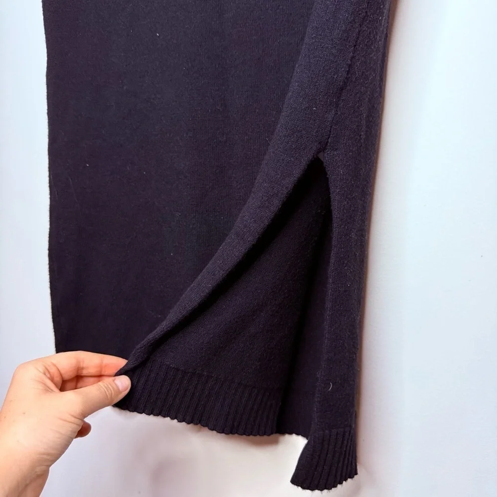 T TAHARI Cozy Classic Stretch Ribbed Hem Black Fall Sweater Side Slit Midi Skirt